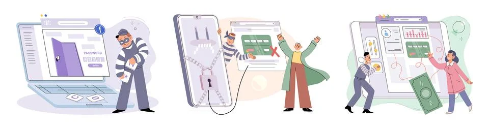 Hacker activity big set. Hacking computer. Phishing account, cyber attack on イラスト素材