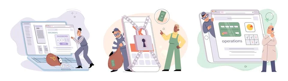 Hacker activity big set. Hacking computer. Phishing account, cyber attack on Stock Illustration