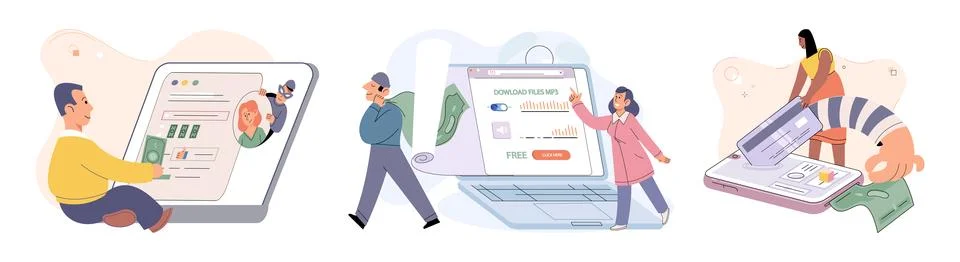 Hacker activity big set. Hacking computer. Phishing account, cyber attack on Stock Illustration