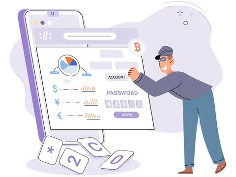 Hacker activity big set. Hacking computer. Phishing account, cyber attack on 库存插图