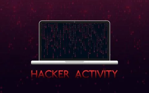 Hacker activity concept. Hacked laptop on red binary background Stock Illustration