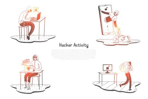 Hacker activity - hackers trying to destroy digital systems and get informati イラスト素材