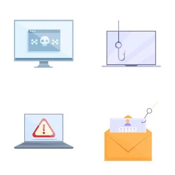 Hacker activity icons set cartoon vector. Email virus malware and cyber attack Stock Illustration
