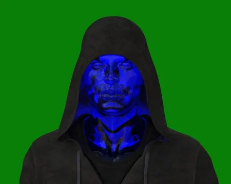 Hacker AI blue face green background Stock Illustration
