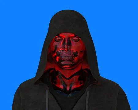 Hacker AI red face blue background Stock Illustration
