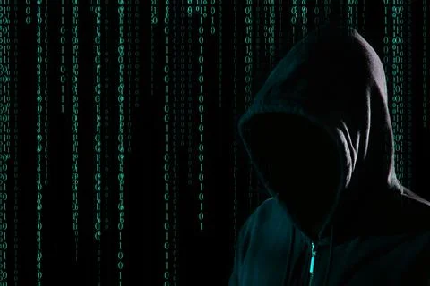 Hacker and digital binary code on dark background. Cyber crime concept 库存照片