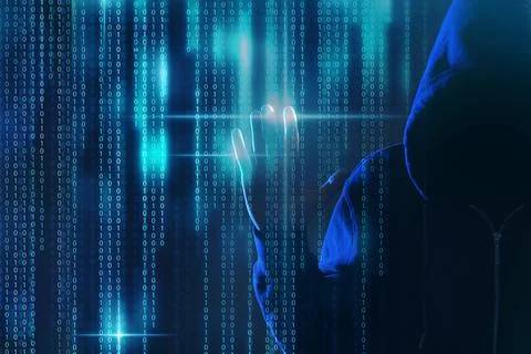 Hacker and digital binary code on dark background. Cyber crime concept 写真素材