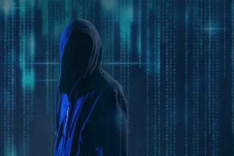 Hacker and digital binary code on dark background. Cyber crime concept 库存照片