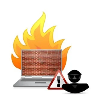 Hacker and fire wall security warning Illustrazione stock