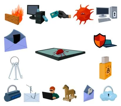 Hacker and hacking cartoon icons in set collection for design. Hacker and Illustrazione stock