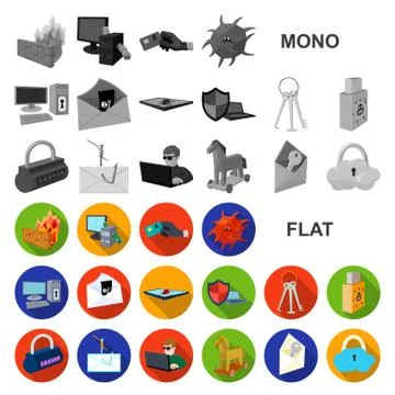 Hacker and hacking flat icons in set collection for design. Hacker and equipment Illustrazione stock