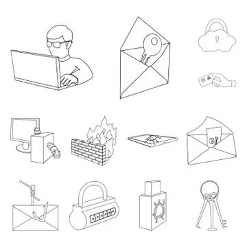 Hacker and hacking outline icons in set collection for design. Hacker and Stock Illustration