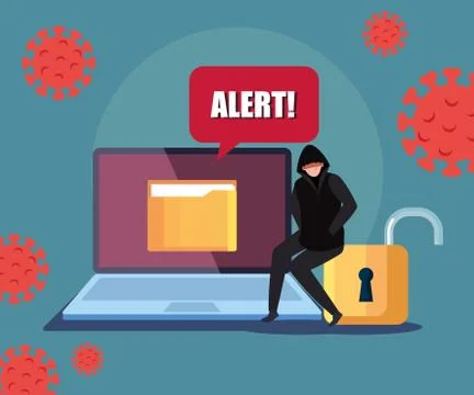 Hacker and laptop computer with alert sign during covid 19 pandemic Stockillustratie