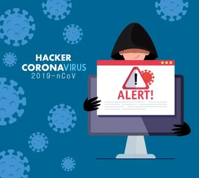 Hacker and laptop with danger warning sign during covid 19 pandemic Illustrazione stock