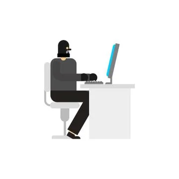 Hacker and PC. Robber internet. Virutal crime. burglar at computer. Stockillustratie