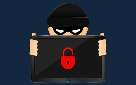 A hacker and a rascal are holding a broken tablet in their hands. A serious.. Stock Illustration