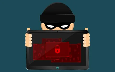 A hacker and a rascal are holding a broken tablet in their hands. A serious.. Stock Illustration