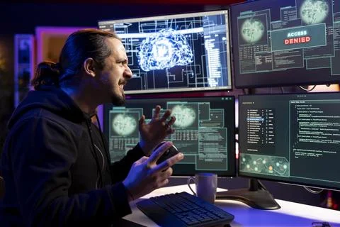 Hacker angered by access denied error message while trying to steal data Stock Photos