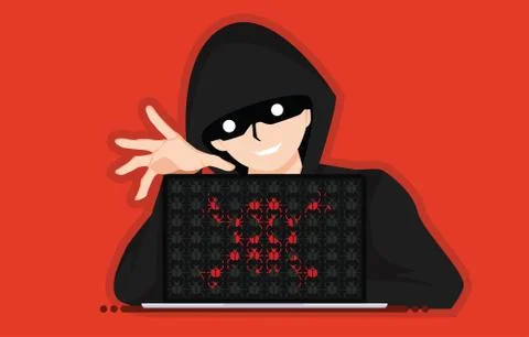 Hacker anonymous distribute bugs and viruses on laptop after attack. 스톡 일러스트