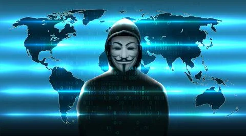 Hacker in an anonymous mask against background world map, binary  code. Hacker Stock Illustration