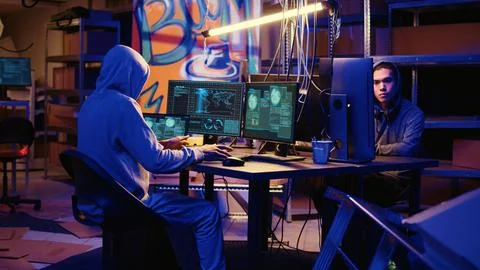 Hacker arrives in underground hideout Stock Photos