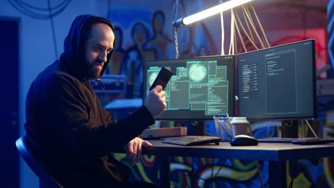 Hacker arriving in secret underground base with SSD containing data Stock Footage 319528926