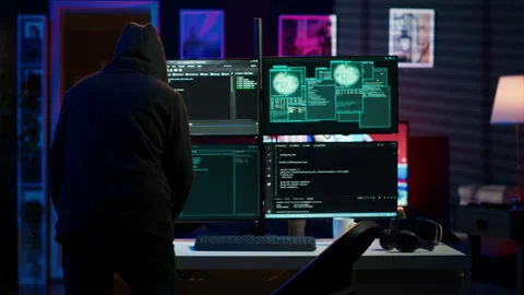 Hacker arriving in underground HQ, ready to start coding malware Stock Footage 275760230