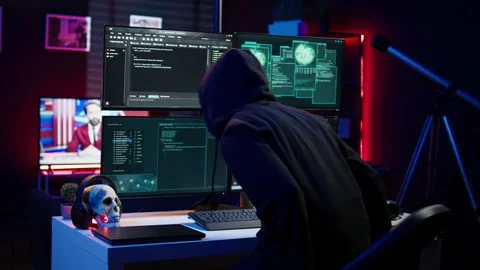 Hacker arriving in underground HQ, ready to start coding malware Stock Footage 275863155
