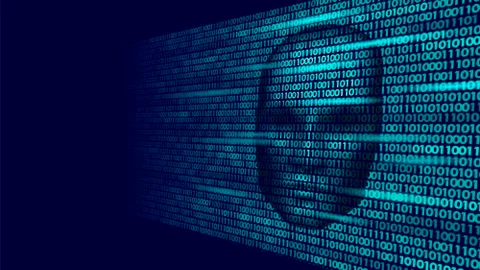 Hacker artificial intelligence robot danger dark face. Cyborg binary code head Stock Illustration