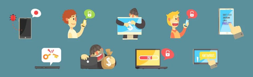 Hacker Attack and Internet Fraud Element and Item Vector Set Stock-Illustration