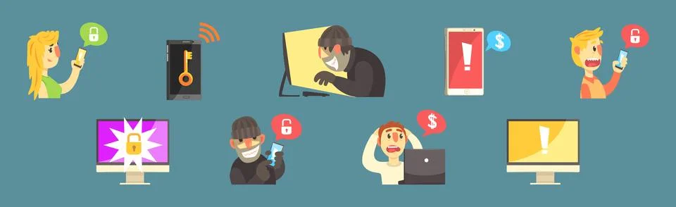 Hacker Attack and Internet Fraud Element and Item Vector Set Stock Illustration