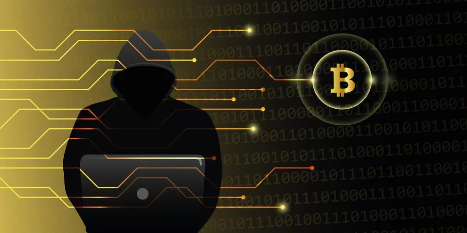 Hacker attack on bitcoins crypto currency web cyber crime Illustrazione stock