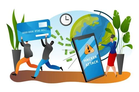 Hacker attack, crime in internet, vector illustration, criminal man character Stock Illustration