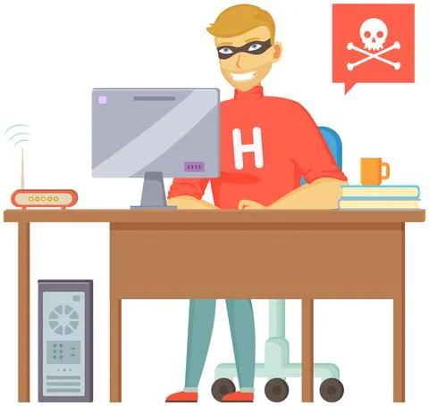 Hacker attack. Hacker breaks into computer. Cyber attacker cracker trying to イラスト素材