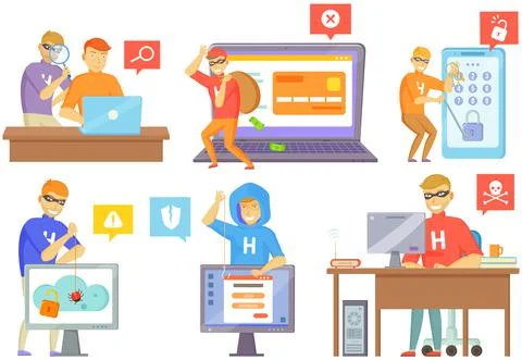 Hacker attack. Hacker breaks into computer. Cyber attacker cracker trying to Stock Illustration