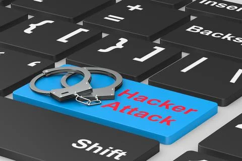 Hacker attack. Handcuff on keyboard. 3D illustration Stock Illustration