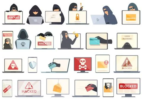 Hacker attack icons set cartoon vector. Fraud hacking 스톡 일러스트