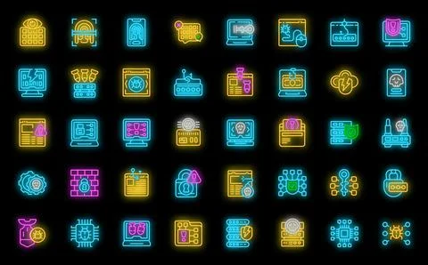 Hacker attack icons set vector neon Stock Illustration