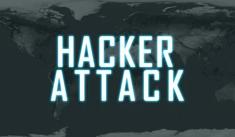 Hacker attack text on a dark world map background Stock Illustration