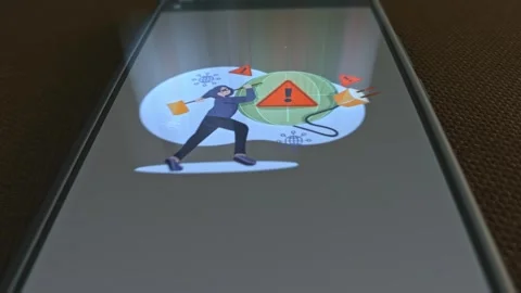 Hacker attack themed graphic presentation on smartphone Stock Footage 303427328