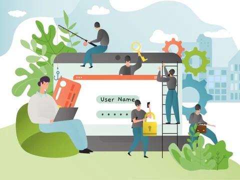Hacker attack vector illustration. Hacking and phishing concept. People in mask Stock Illustration