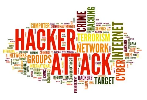 Hacker attack in word tag cloud Illustrazione stock