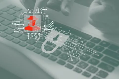 Hacker attacked computer chip while business worker can work under firewall.. Fotos de archivo