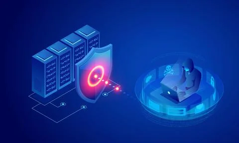 Hacker attacking server or database. Network security, Database secure and Stock Illustration