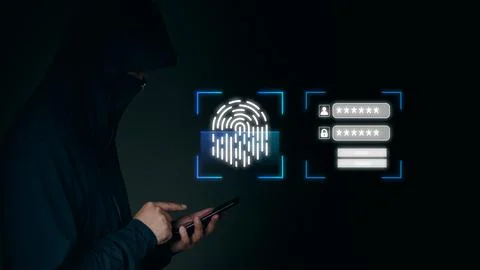 A hacker is attempting to breach a login system by bypassing fingerprint au.. Stock Photos