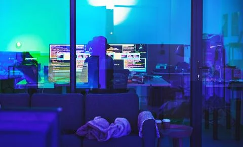 Hacker, back or computer screen in neon programming, cybersecurity ransomware or Stock Photos