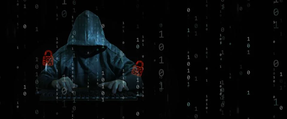 A hacker behind binary code, stream of data, unlock cyber security, and con.. Stock Photos