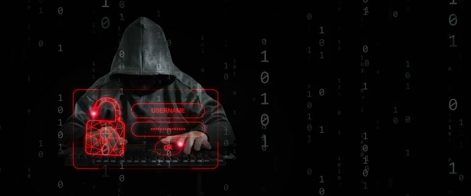 A hacker behind binary code, a stream of data, unlocks cyber security by ha.. Stock Photos