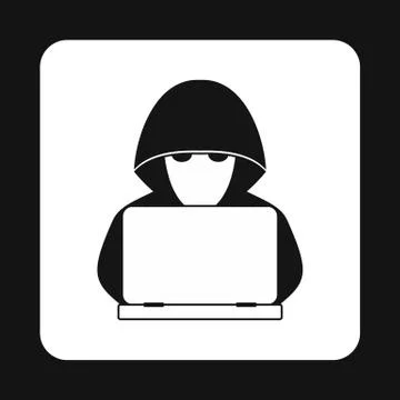 Hacker behind a computer icon, simple style Illustrazione stock