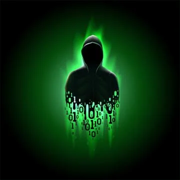 Hacker with binary code green background, hacking of computer system, theft data イラスト素材